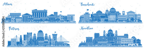 Принти на полотні Outline Athens Greece City Skyline with Blue Buildings