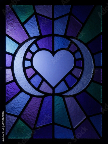 Um ano junto stained glass heart and moon design, romantic stained glass window, colorful glass art