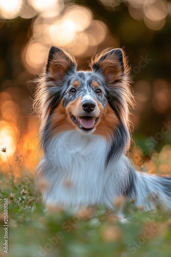 Smiling tricolor long-haired dog with perky ears lying in grass at golden sunset, warm bokeh lights and soft focused wildflowers, joyful and serene expression