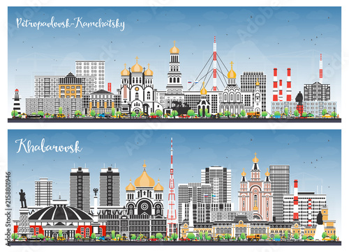 Khabarovsk and Petropavlovsk-Kamchatsky Russia city skyline set with color buildings and blue sky. Cityscape with landmarks.