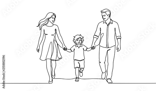 Family Walking Together Continuous Line Art Vector Illustration