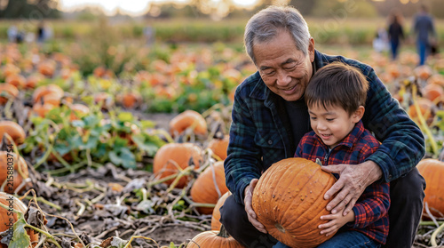 trip to a farm to buy pumpkins for Halloween, an elderly Korean-American grandfather and his grandson in a pumpkin patch, a domestic rural tourism idea and copy space for text