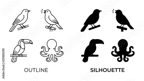 Set of Animal Icons: A collection of simplified animal graphics featuring birds, a toucan, and an octopus presented in both outline and silhouette styles.