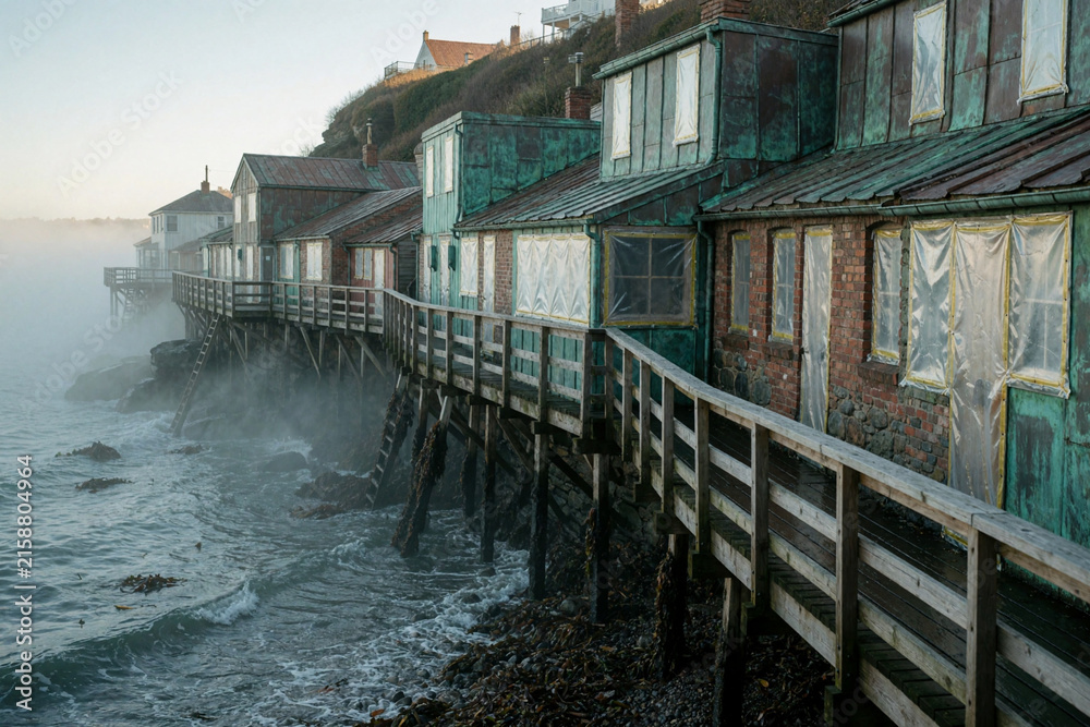 Obraz premium Weathered fishing shacks on stilts over the ocean at dawn with fog