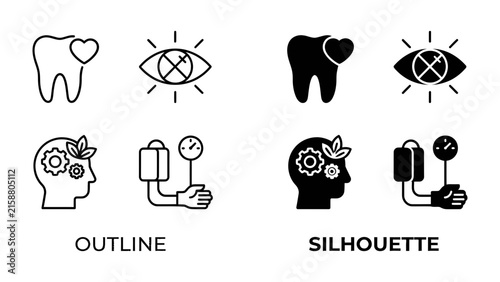 Healthcare Icons: A set of four medical icons presented in both outline and silhouette format, representing dental care, vision health, cognitive function, and blood pressure monitoring.