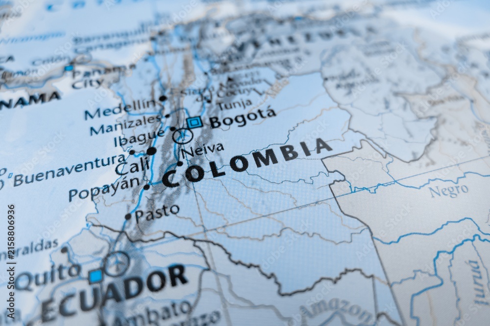 Naklejka premium Map of Colombia styled in grey color. Selective focus on label, close-up view