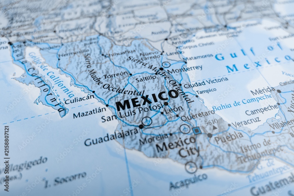 Naklejka premium Map of Mexico styled in grey color. Selective focus on label, close-up view