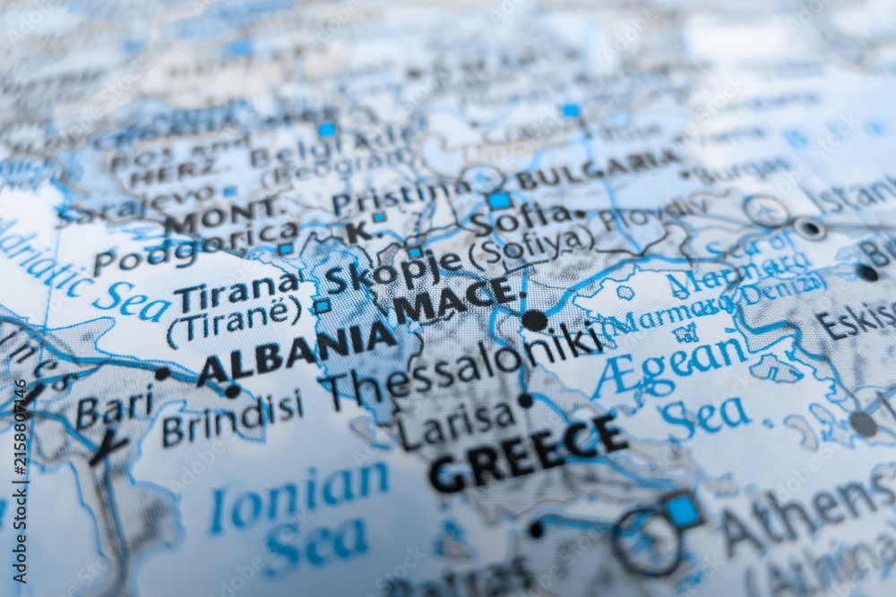 Naklejka premium Map of North Macedonia styled in grey color. Selective focus on label, close-up view