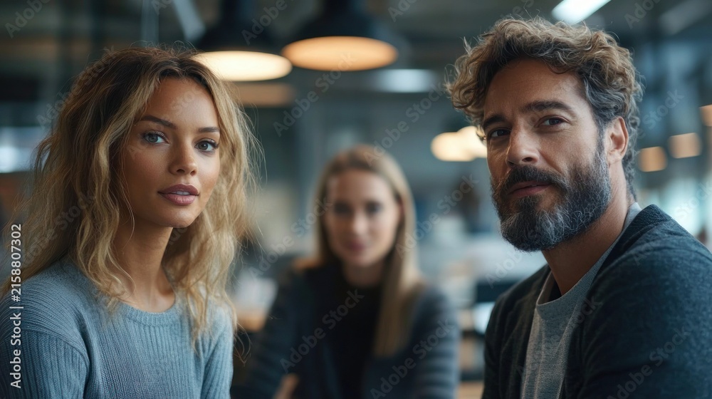 Fototapeta premium Three coworkers with blurred faces in a modern office, two in the foreground and one in the background, seated and looking serious and contemplative under warm overhead lights