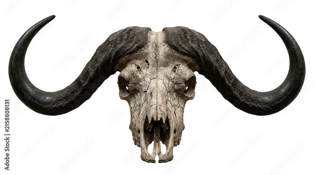 Fototapeta premium Close-up of a water buffalo head with curved horns facing forward isolated on transparent background