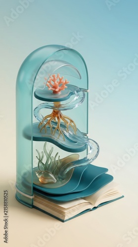 3D design representing literacy with coral elements and layered books