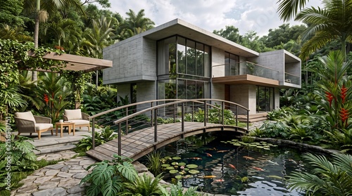 Modern tropical house with pond and bridge