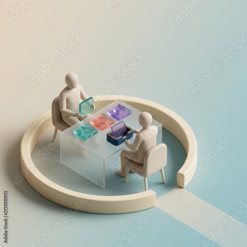 Abstract figures engaged in discussion at table with learning materials