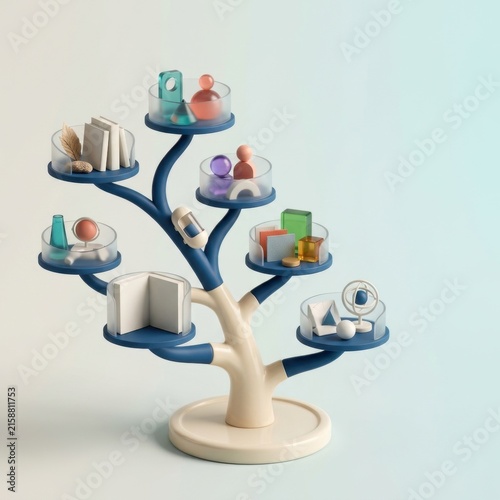 3D rendered tree structure with educational icons for inclusive learning and literacy