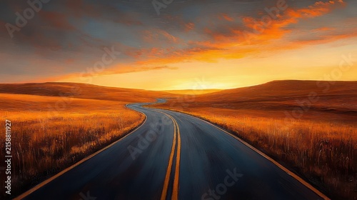 Winding empty two-lane road through golden fields and rolling hills at sunset under a dramatic orange sky, evoking peaceful solitude and a hopeful journey