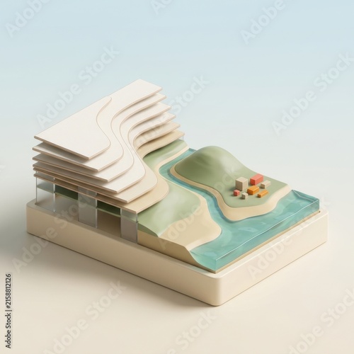 3D model of modern building integrated with topography and river landscape