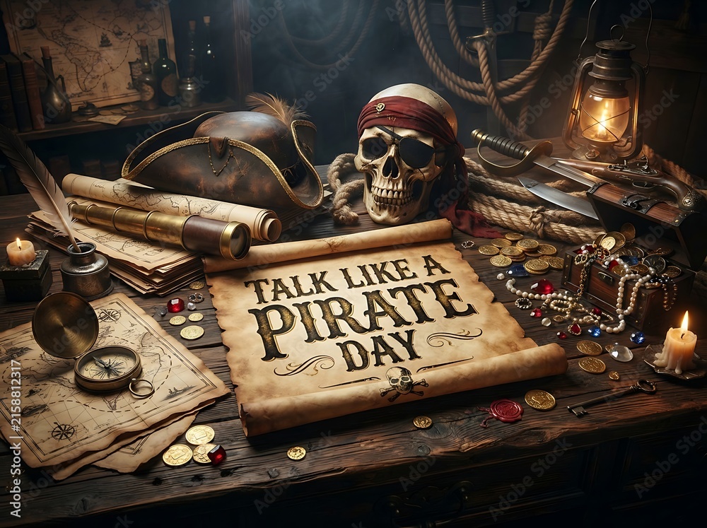 Naklejka premium Talk like a pirate day theme with skull and treasure