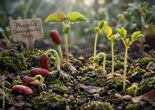 Young Bean Seedlings Sprouting from Soil with Water Droplets