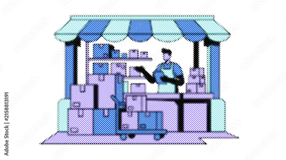 Naklejka premium Marketplace seller at colorful storefront with goods and awning