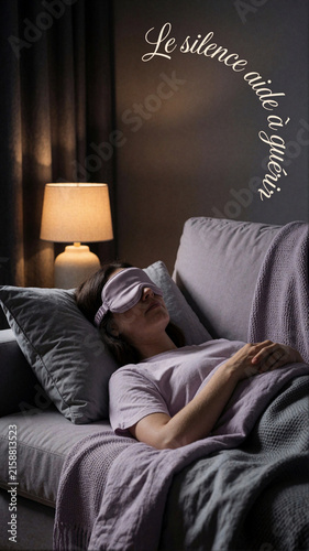 Le silence aide à guérir Woman sleeping with eye mask on sofa