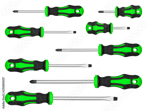 Assorted flathead and phillips Green screwdriver kit with magnetic tips. Premium hardware tool collection template for online store catalog and copy space