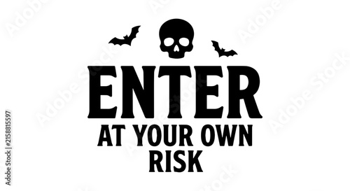 Canvas Print Spooky Halloween Enter At Your Own Risk Skull Bats Vector Graphic, Dark Gothic W