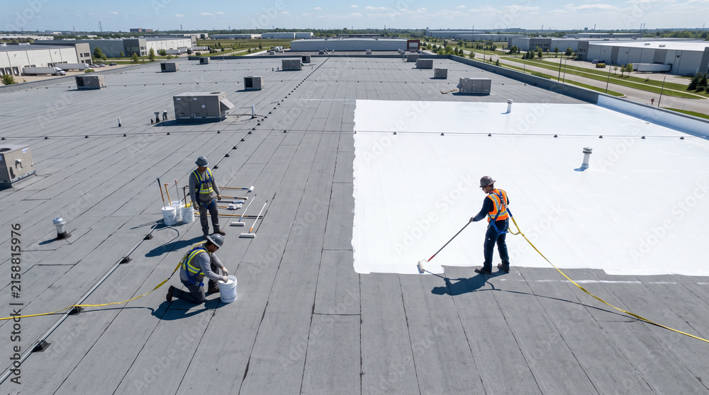 Fototapeta premium Roof crew prepares reflective coating on a commercial roof
