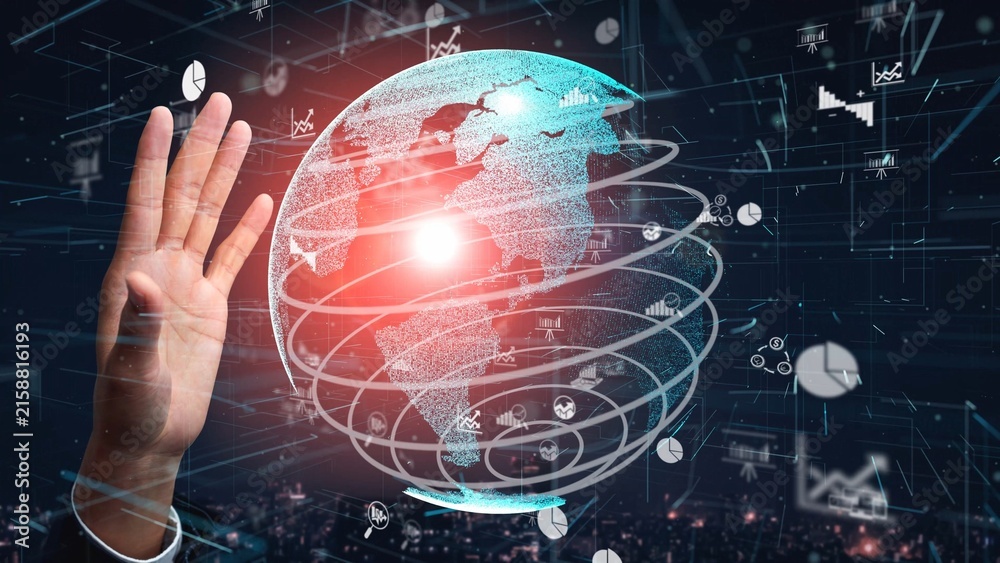 Fototapeta premium A dynamic representation of a hand interacting with a digital globe surrounded by data charts, symbolizing the fusion of technology and global connectivity for business growth. Xenic