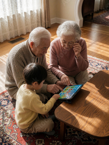 Grandparents and grandchild using tablet together at home