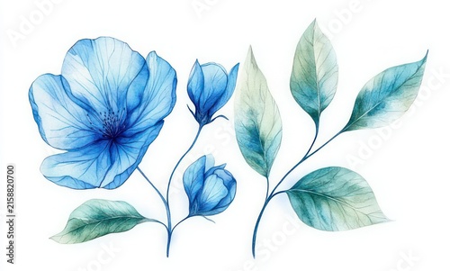 delicate watercolor botanical: large blue blossom with two buds and multiple green-blue leaves on slender stems, serene and tranquil floral composition