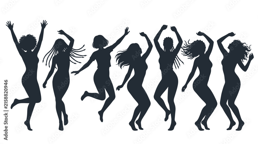 Fototapeta premium Energetic young women dancing together with joy in black silhouettes isolated on a white background