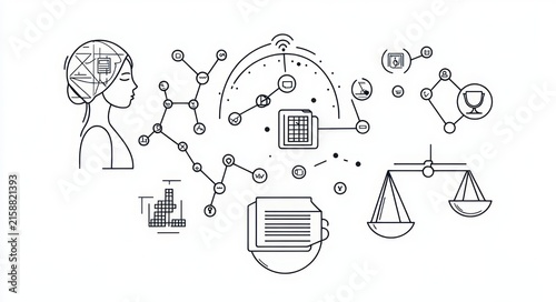 Contemplative human profile with brain circuitry beside molecular network, data chip under wireless arc, document, balance scales, lab glassware and research icons conveying curiosity and analysis