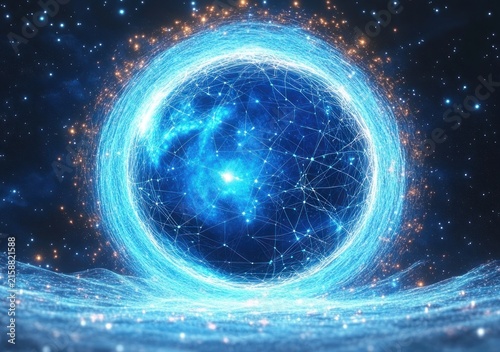 glowing blue digital network sphere with interconnected nodes inside a braided light ring above a shimmering surface, evoking futuristic wonder and mystery