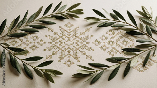 Olive branches framing traditional cross-stitch embroidery pattern on textured paper