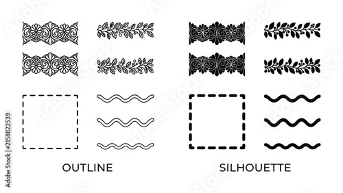 Decorative Elements Set: A collection of ornate borders, laurel branches, wave patterns, and square frames presented in both outline and silhouette styles for versatile graphic design use.