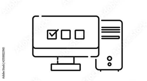 Desktop computer tower and monitor with survey checklists on screen icon. Black line art style on white background. 