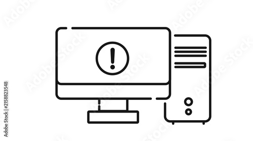 Desktop computer tower and monitor with exclamation mark alert symbol on screen icon. Black line art style on white background.