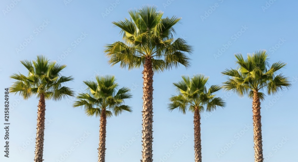 Fototapeta premium Five palm trees against a clear blue sky illustration