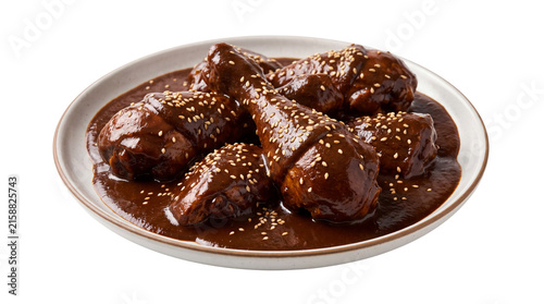 Traditional Mexican chicken mole with sesame seeds. Savory dark chocolate sauce on poultry. Authentic mole poblano dish on white plate.