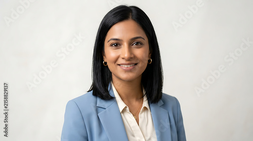 Professional confident woman in business attire smiling against a plain background perfect for corporate and professional contexts