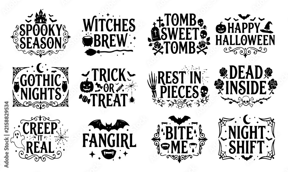 Obraz premium Halloween party signs with spooky phrases for seasonal event decorations and promotions