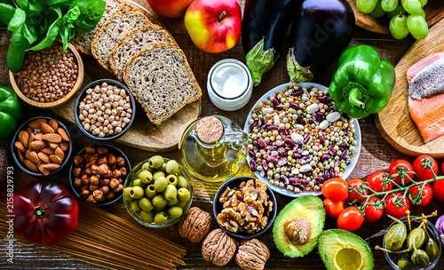 Food products representing the Mediterranean diet