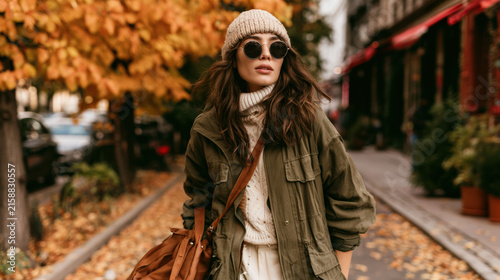Stylish woman walking through colorful autumn street wearing warm layered clothing and sunglasses