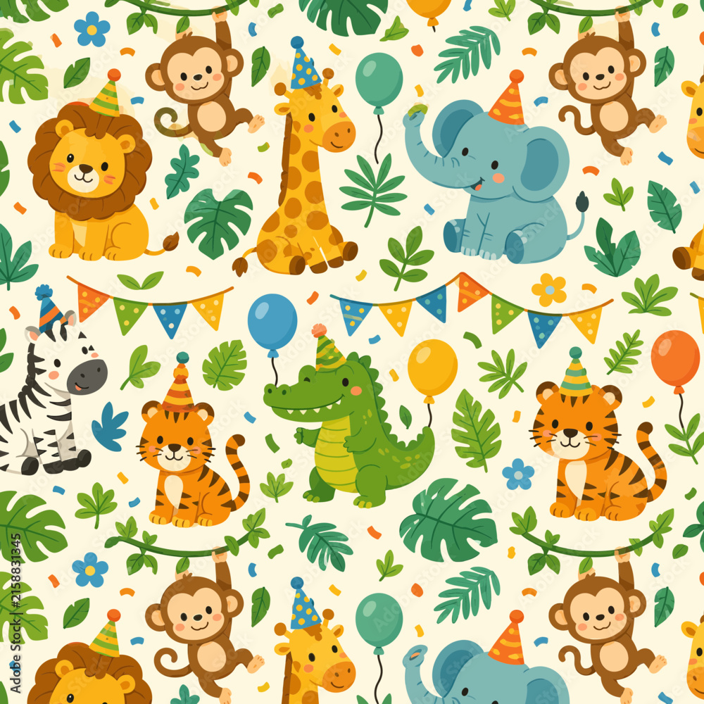 Naklejka premium Cute Jungle Animal Birthday Party Seamless Pattern