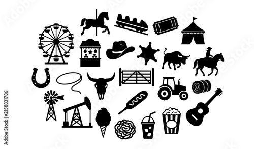 Country fair and Texas western silhouette elements with rodeo carnival food and farm icons