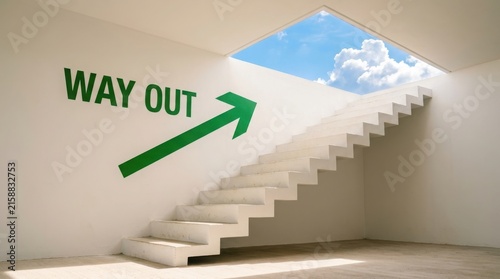 Way out sign with arrow pointing to stairs leading to blue sky