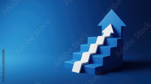 White arrow climbing blue stairs representing business growth