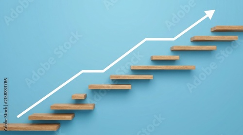 Wooden stairs with a white arrow line indicating upward growth