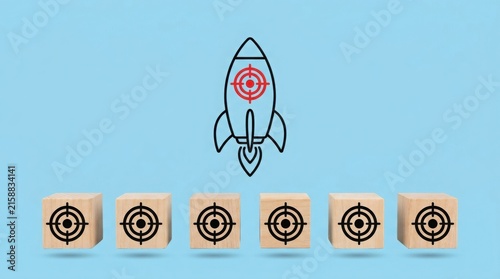Rocket ship with target symbol flying above blocks with targets