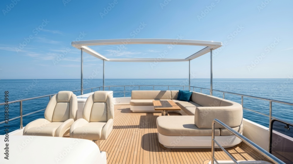 Fototapeta premium A cozy lounge area on a yacht deck with white sofas under a canopy overlooking calm sea — yachting, luxury travel, seaside relaxation
